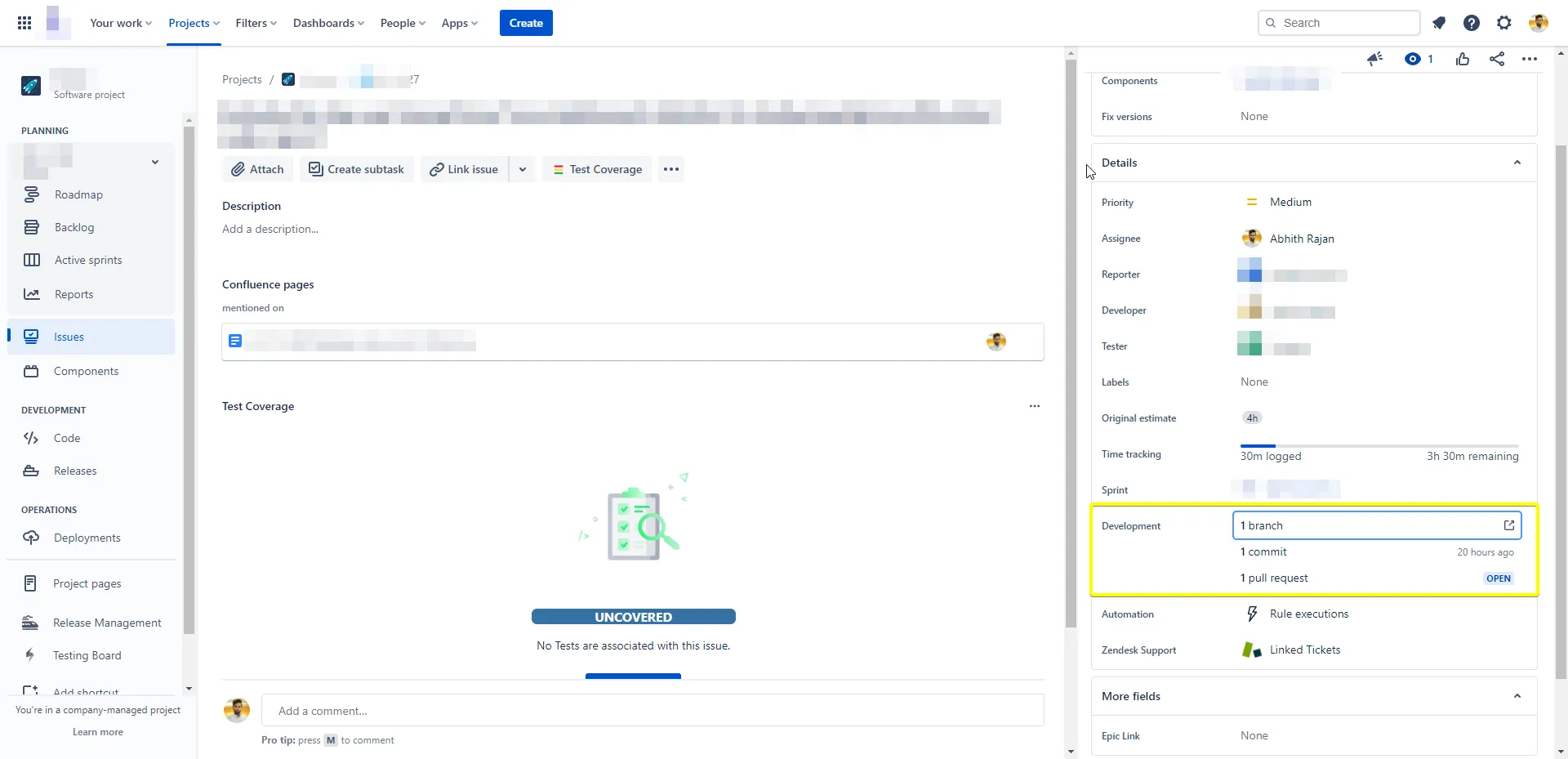 Development links in the Jira issue details